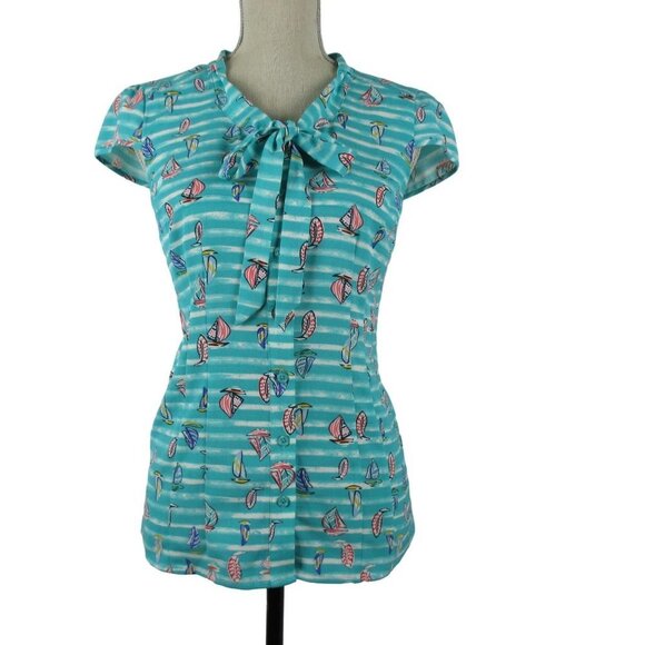 ModCloth Sailboat Print Button Up Short Sleeve Neck Tie Blouse Size XS - Picture 1 of 10